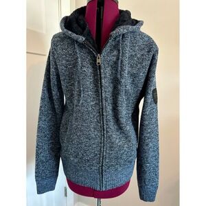 NWT Buffalo David Bitton Mens Blue Faux Fur Lined Full Zip Knit Hoodie Sweater M